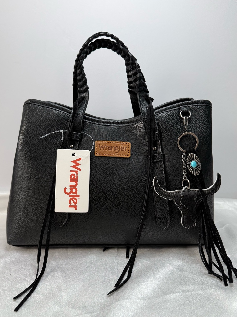 Wrangler Western Black Tote Bag with Fringe & Turquoise Accent